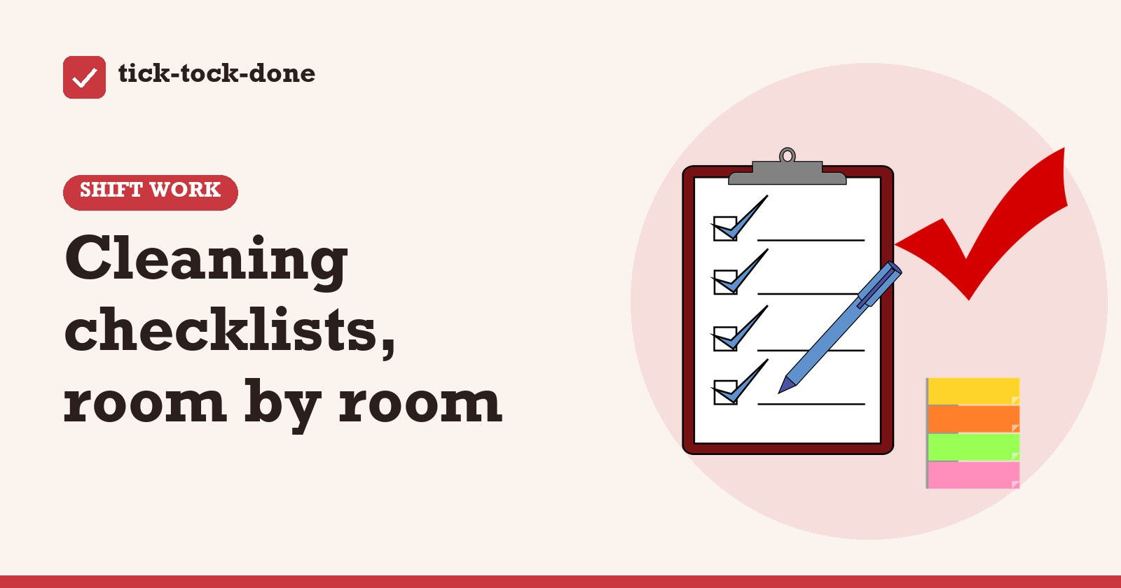 Clipart of a clipboard with ticked boxes and a pen, a big red tick and a stack of sticky notes, on a warm cream background