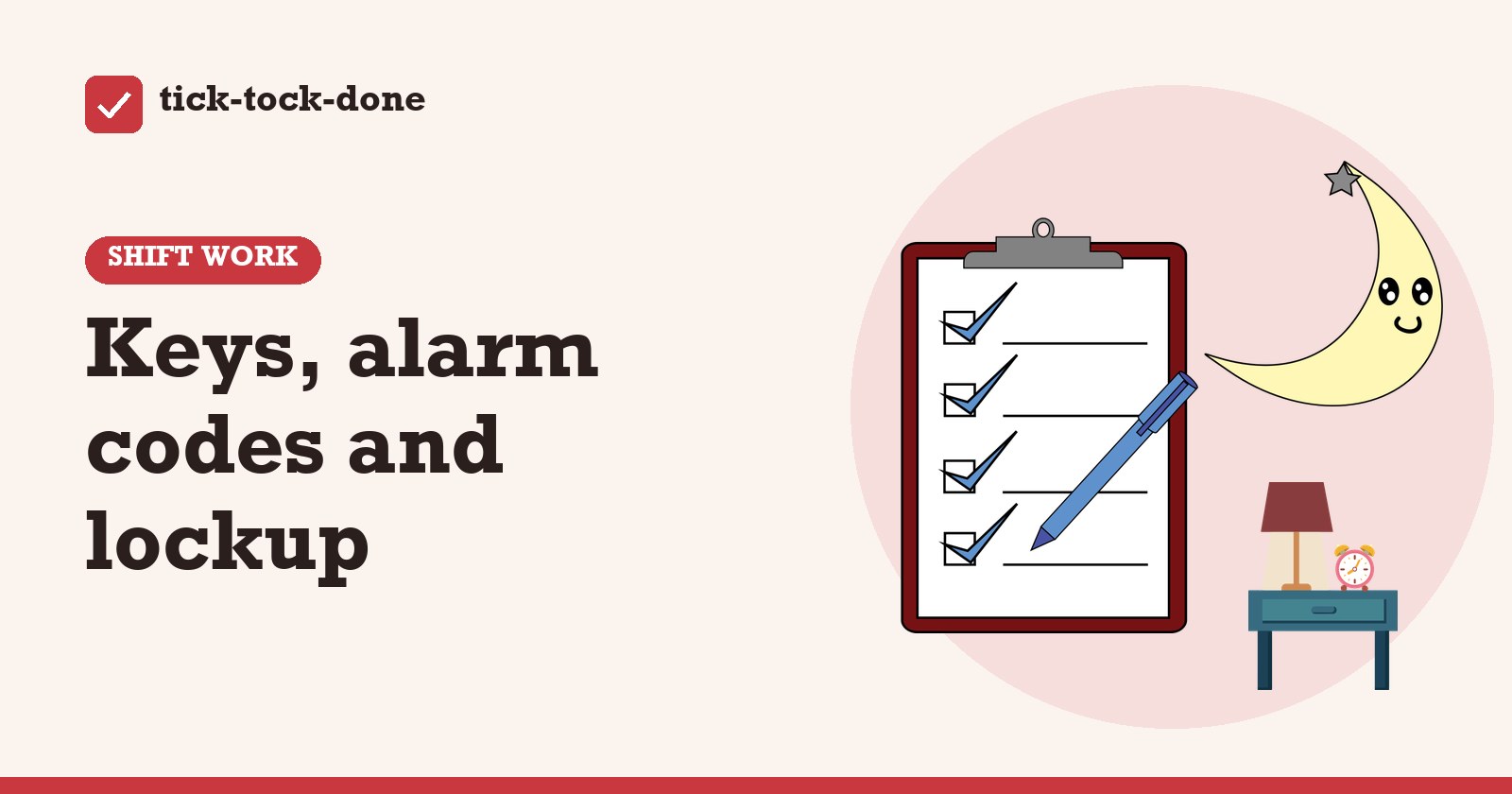 Clipart of a clipboard, a moon and a bedside alarm clock, on a warm cream background