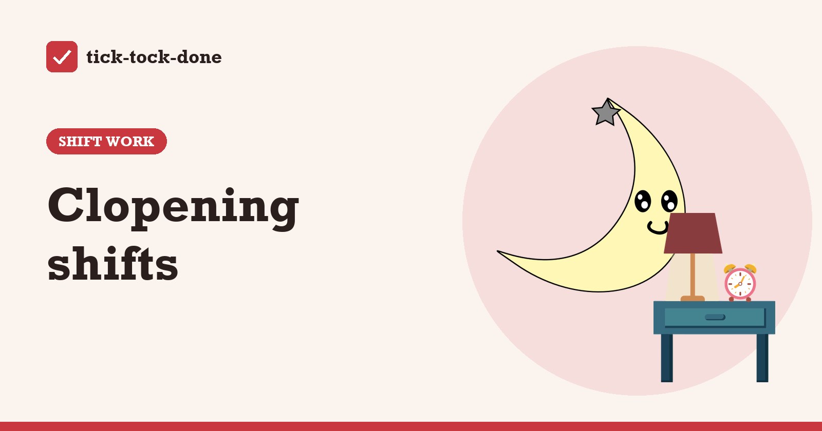 Clipart of a smiling crescent moon beside a bedside table with a lamp and an alarm clock, on a warm cream background
