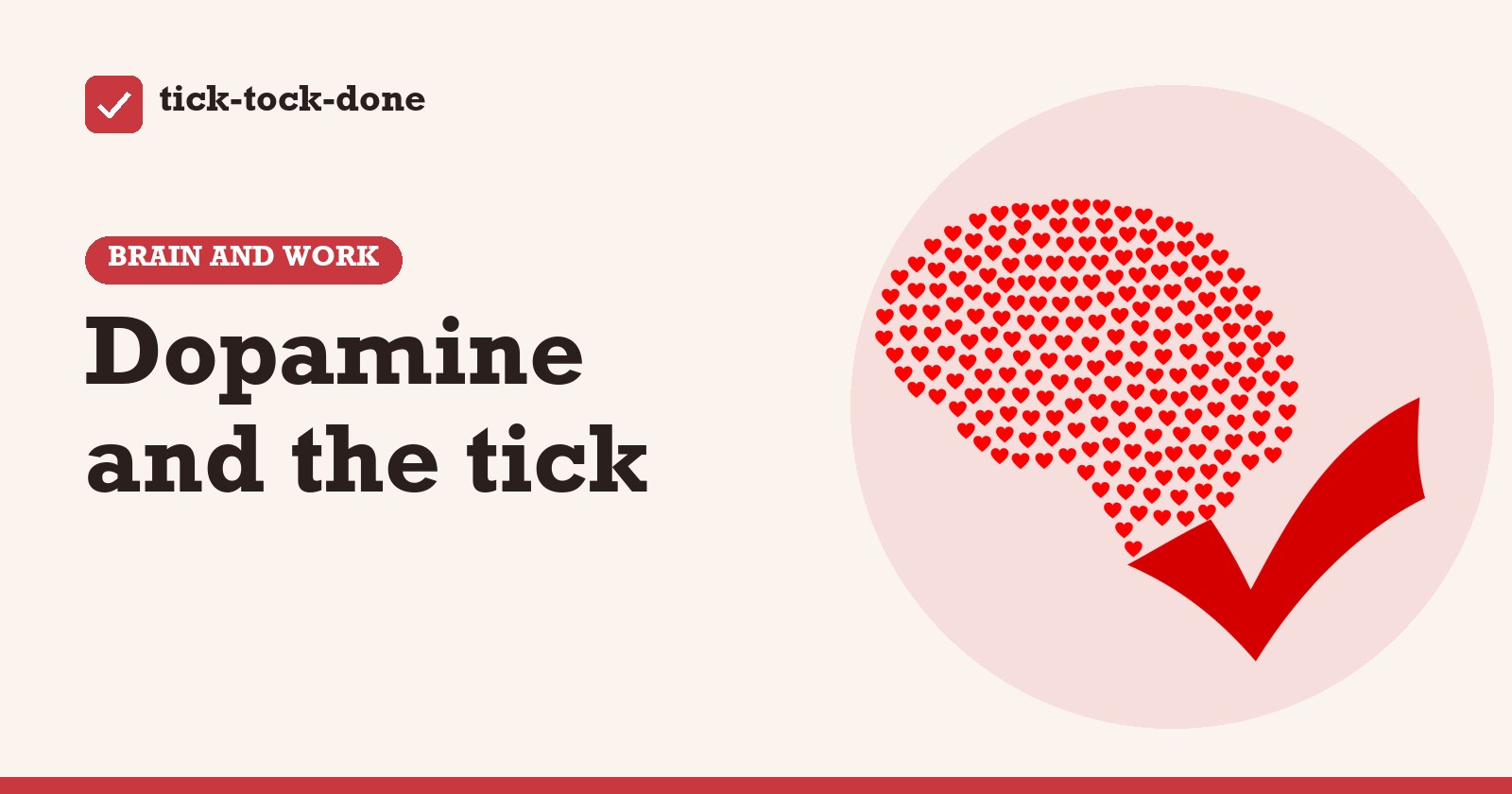 Clipart of a brain drawn from small red hearts beside a large red tick mark, on a warm cream background