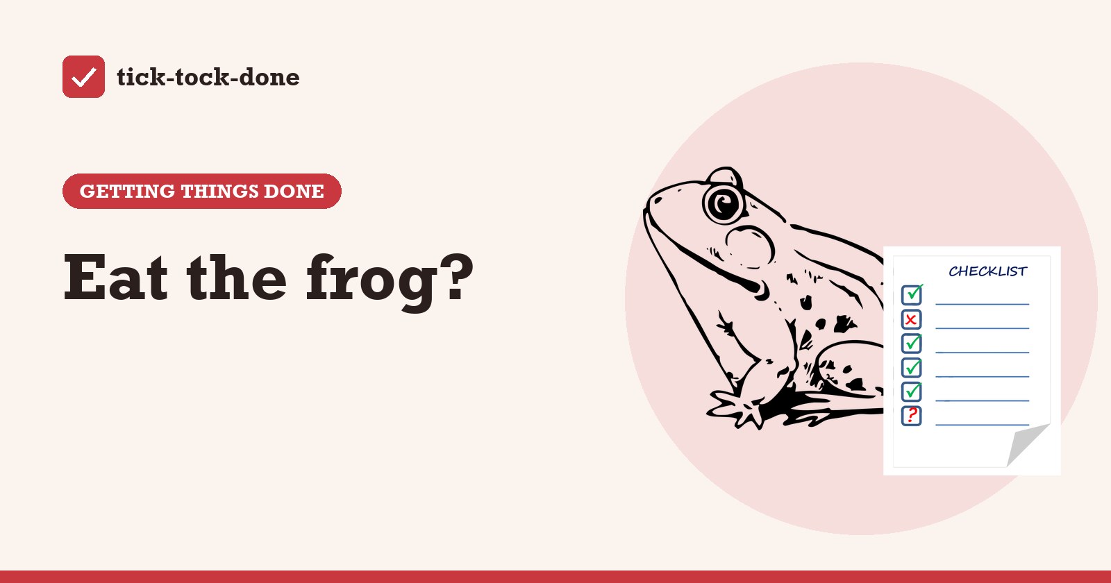 Clipart of a drawn frog beside a checklist with some items ticked, on a warm cream background