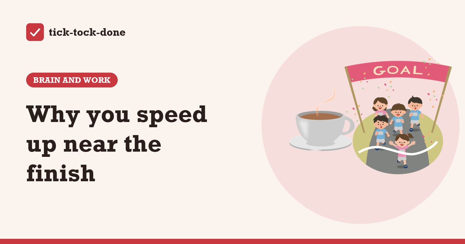 Clipart of a cup of coffee beside a group of runners crossing a finish line under a GOAL banner, on a warm cream background