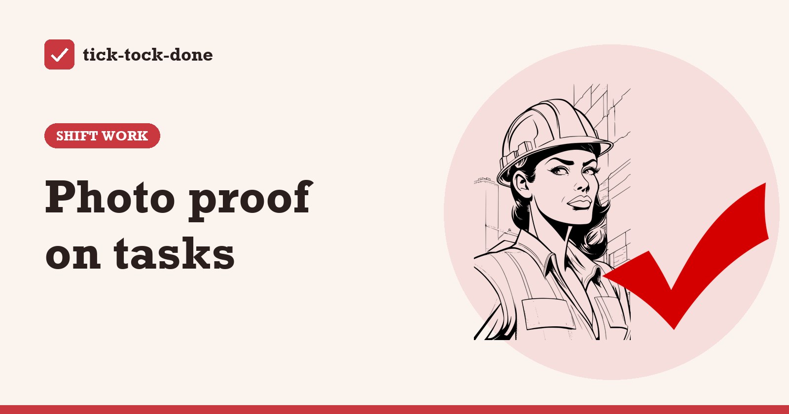 Clipart of a construction worker in a hard hat and a large tick mark, on a warm cream background