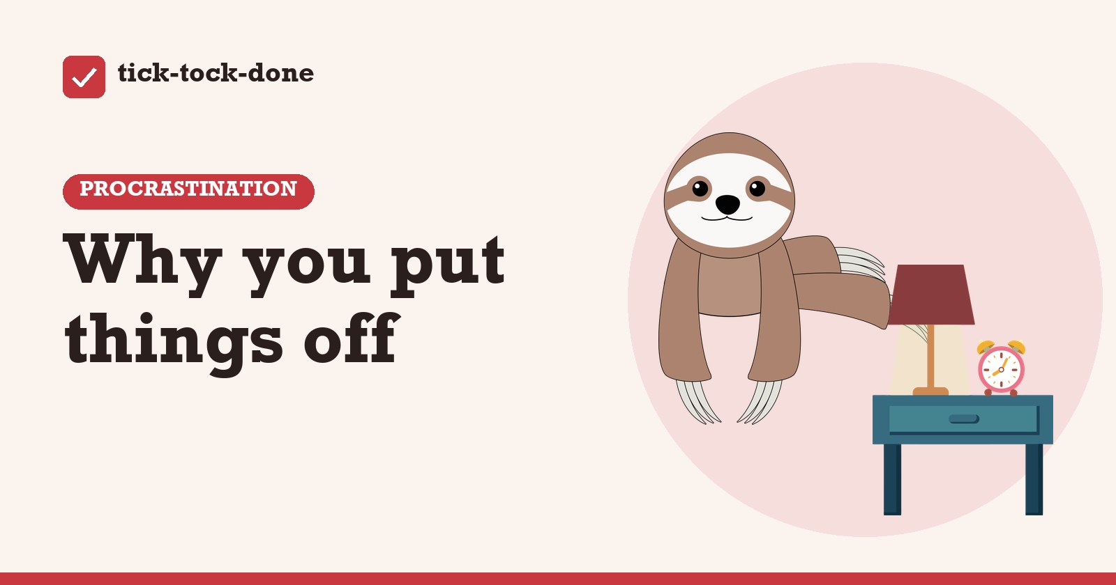 Clipart of a smiling sloth hanging next to an alarm clock on a bedside table, on a warm cream background