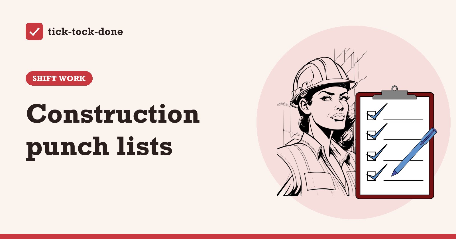 Clipart of a construction worker in a hard hat and a clipboard, on a warm cream background