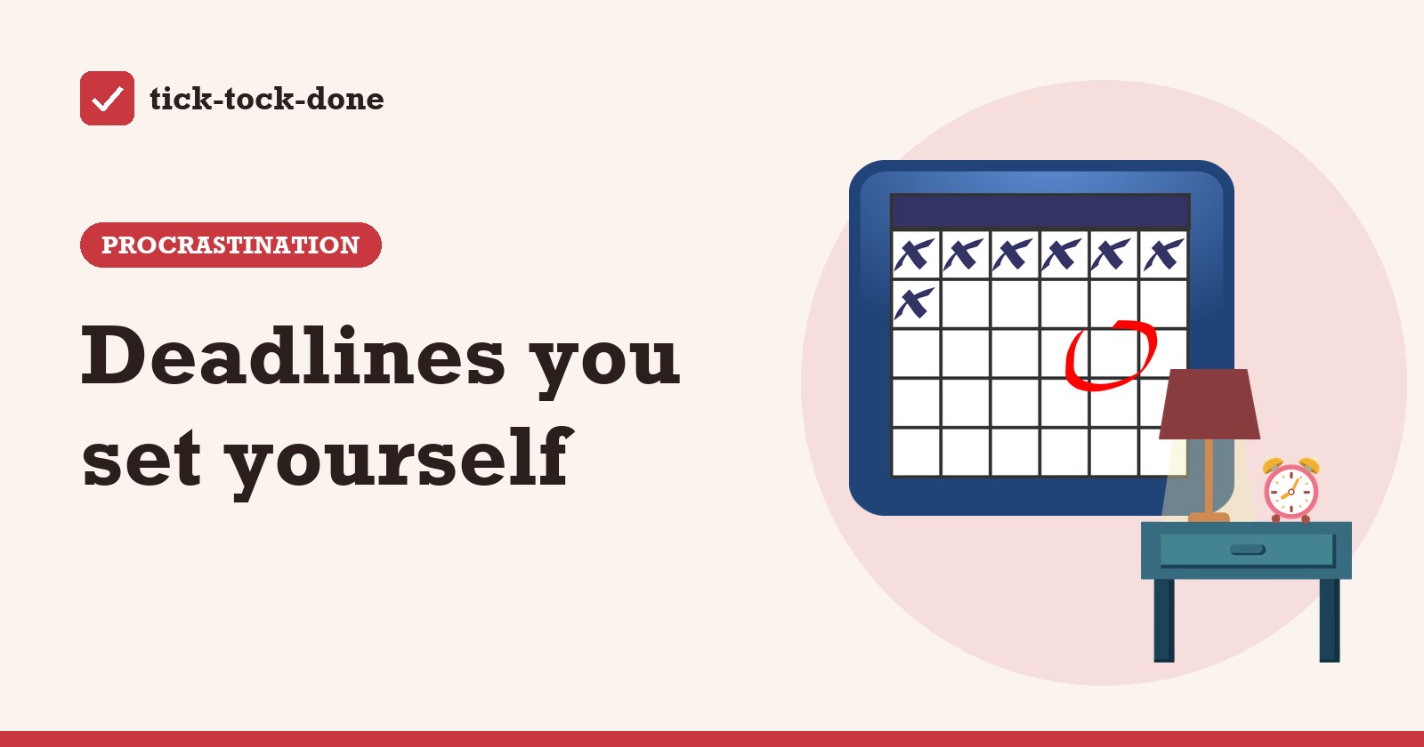 Clipart of a wall calendar with one day circled in red and a bedside table with an alarm clock, on a warm cream background