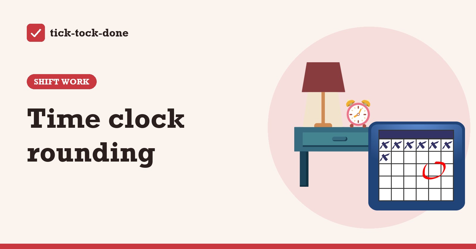 Clipart of a bedside table with an alarm clock and a calendar with days crossed off, on a warm cream background