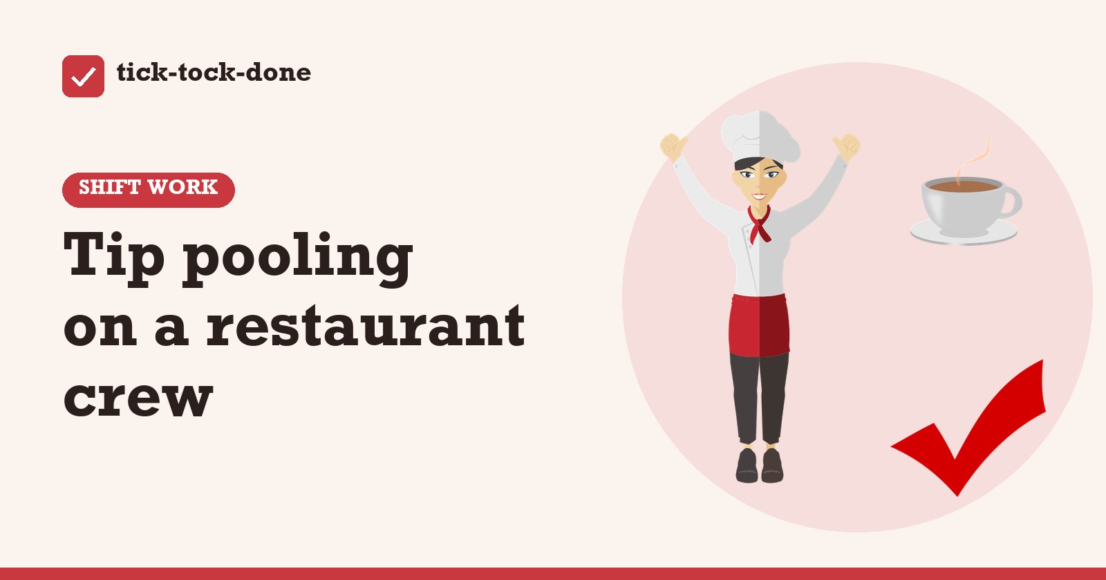 Clipart of a chef, a coffee cup and a red tick, on a warm cream background
