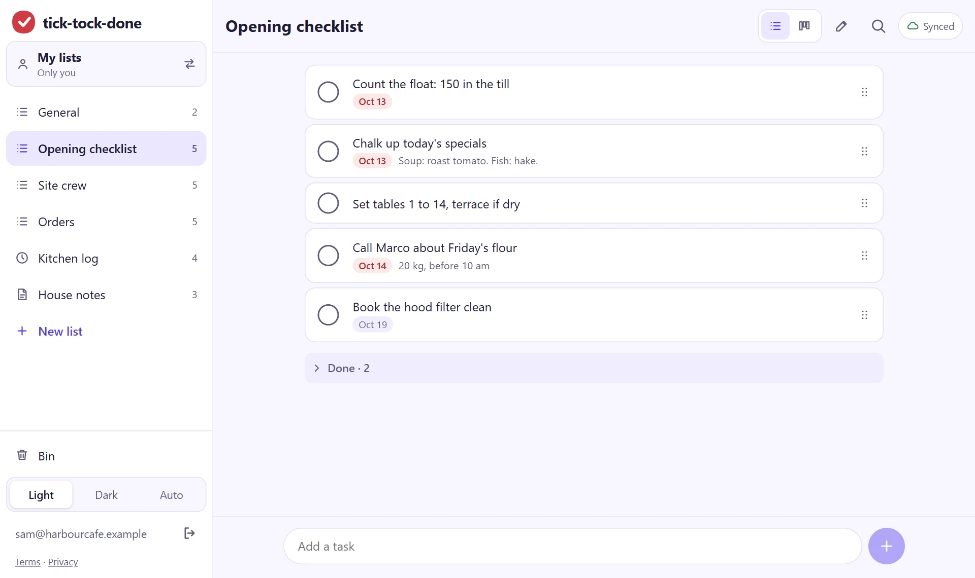 The tick-tock-done app on a laptop: an opening checklist for a cafe with due dates, and lists for the site crew, orders, a kitchen log and house notes