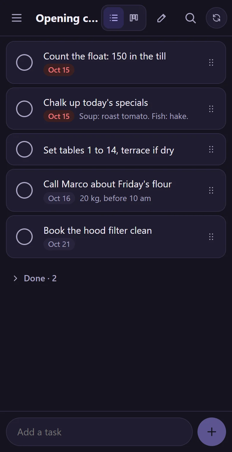 The same checklist in the dark theme