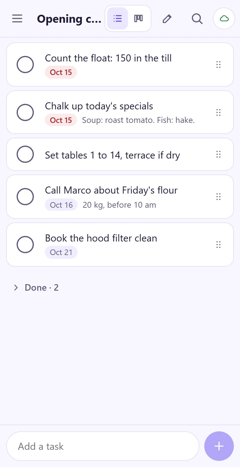 An opening checklist on a phone, with due dates and notes under each job