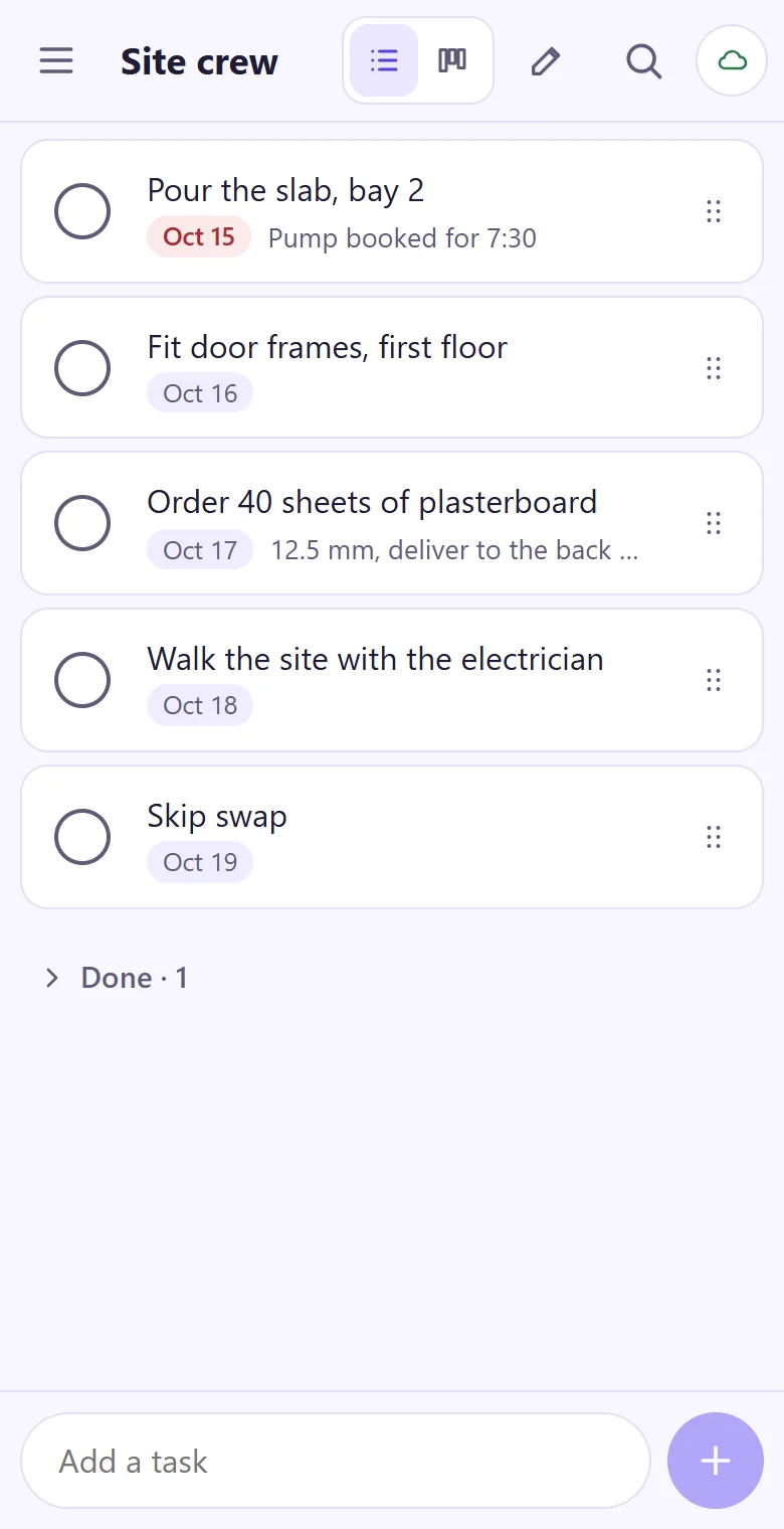 The site crew's jobs for the week on a phone