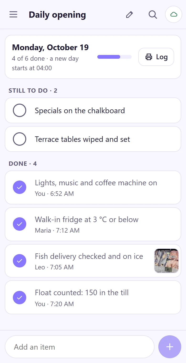 A daily checklist in tick-tock-done on a phone, showing items still to do first and done items with who ticked them and when