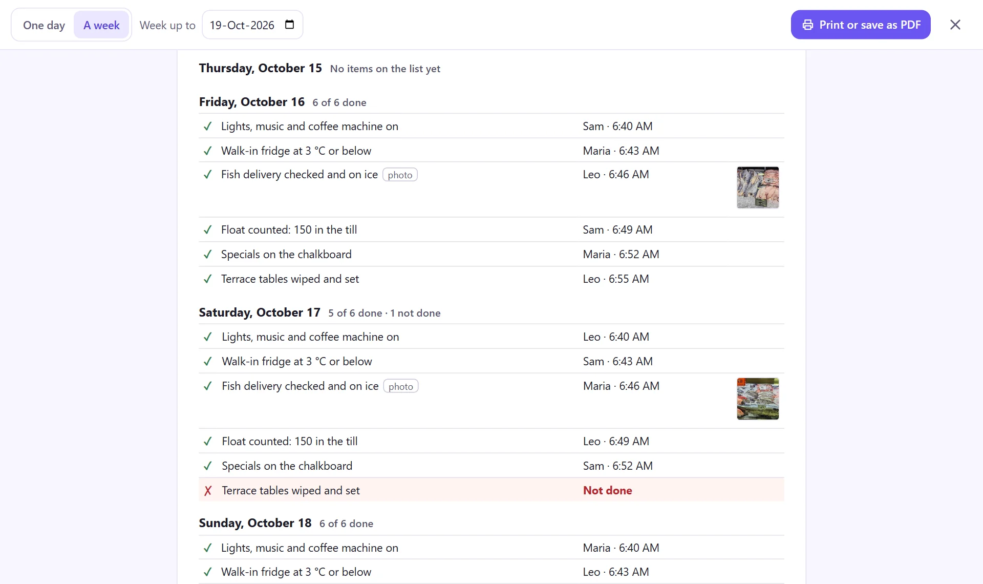 The printable checklist log in tick-tock-done on a desktop, with each item, who ticked it, when, and photo thumbnails