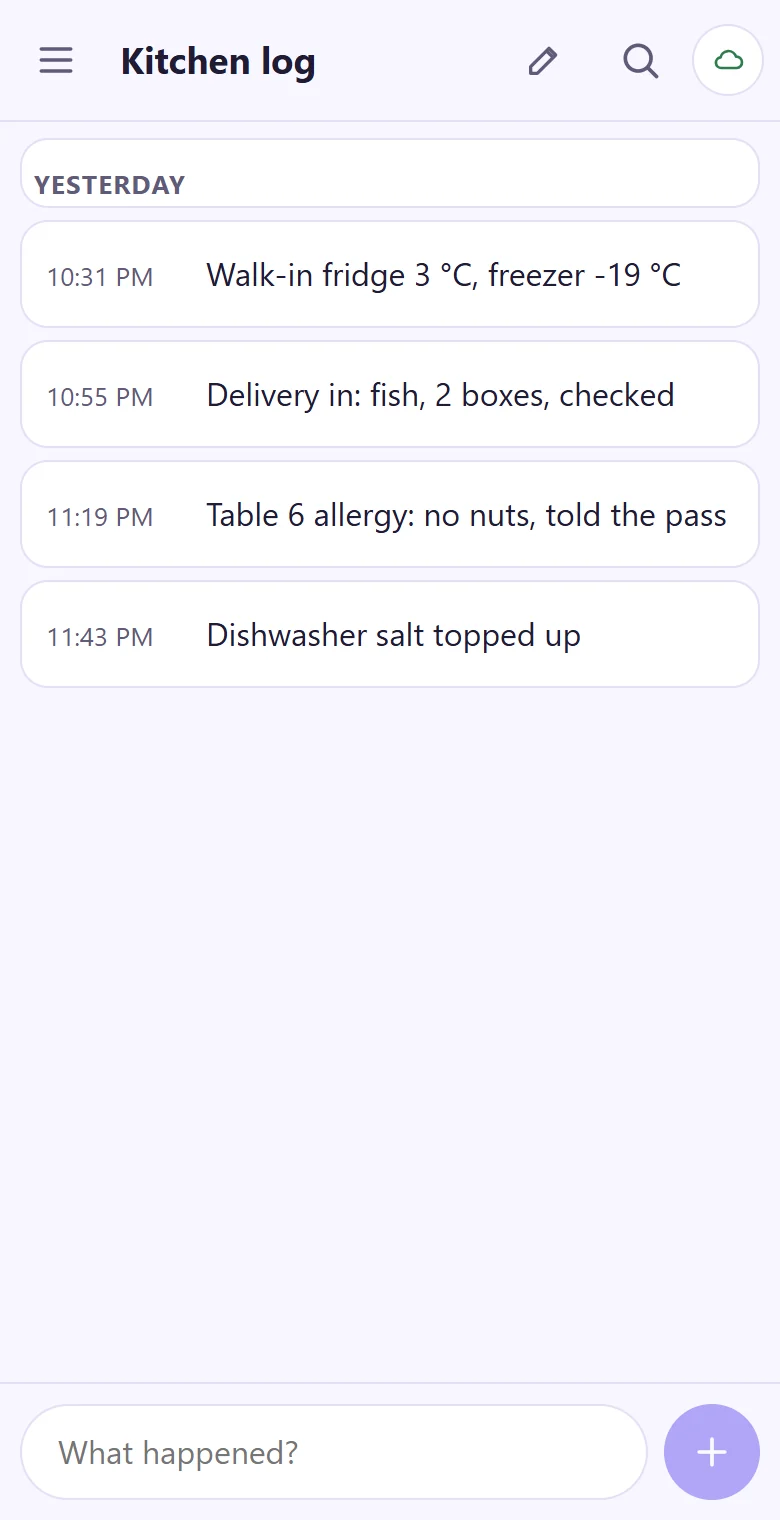 A kitchen log on a phone: fridge temperatures, a delivery and an allergy note, each with its time