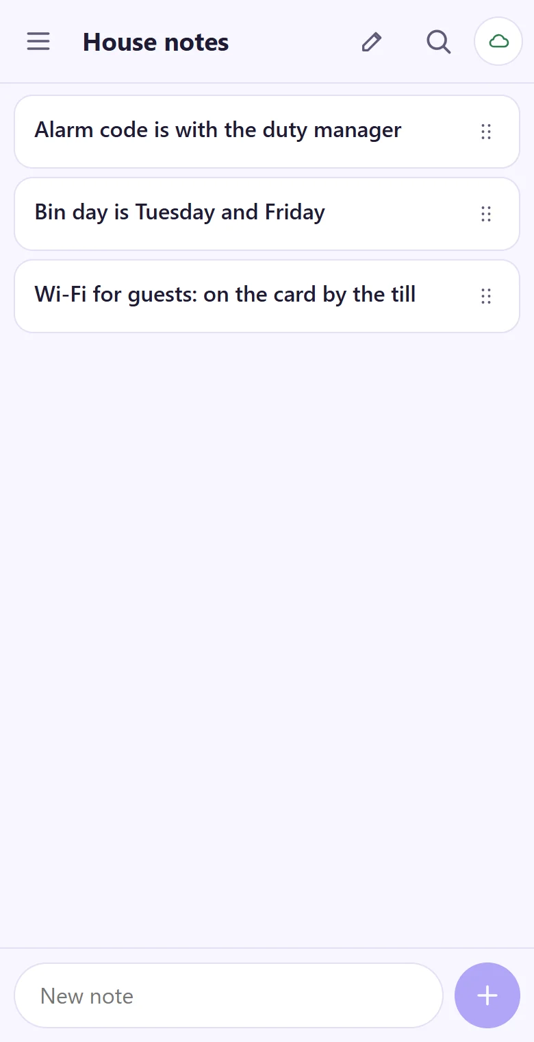 House notes on a phone: where the alarm code is kept, bin days and the guest Wi-Fi