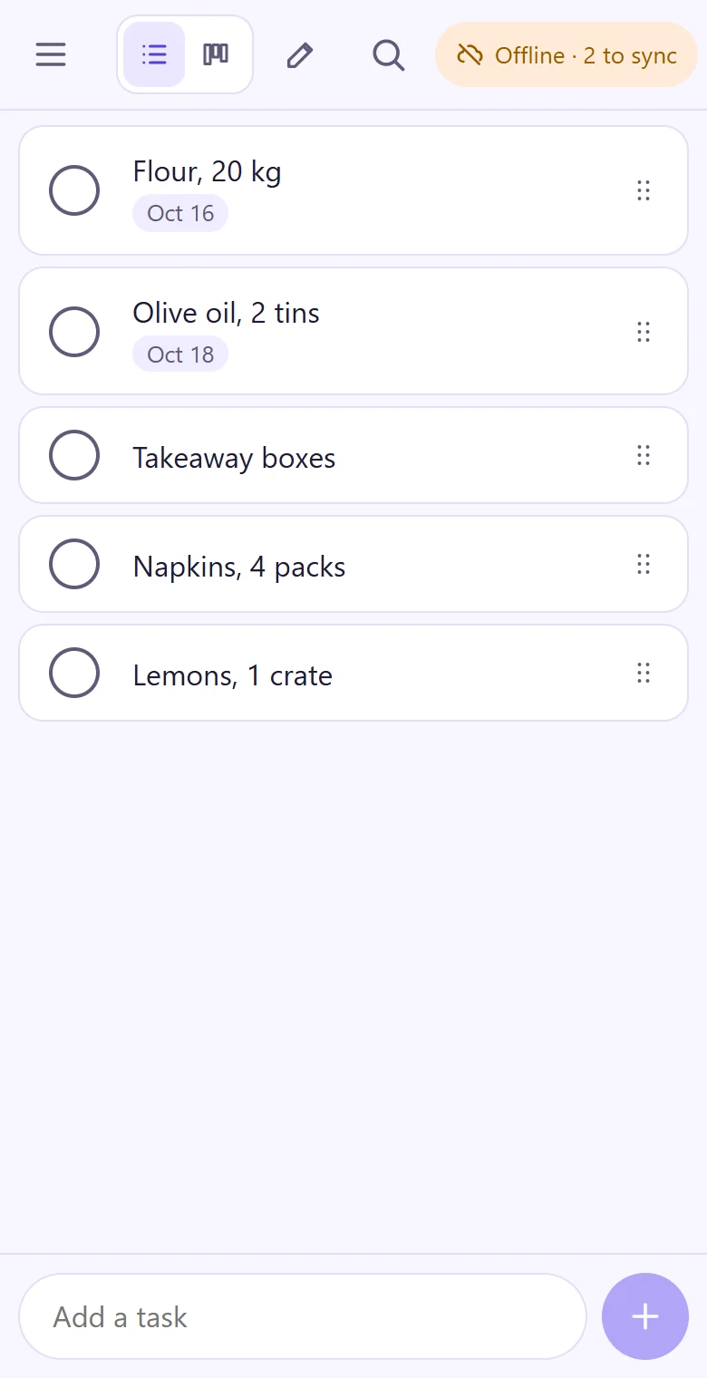 A list on a phone with no connection: two new items wait, and the label reads Offline, 2 to sync