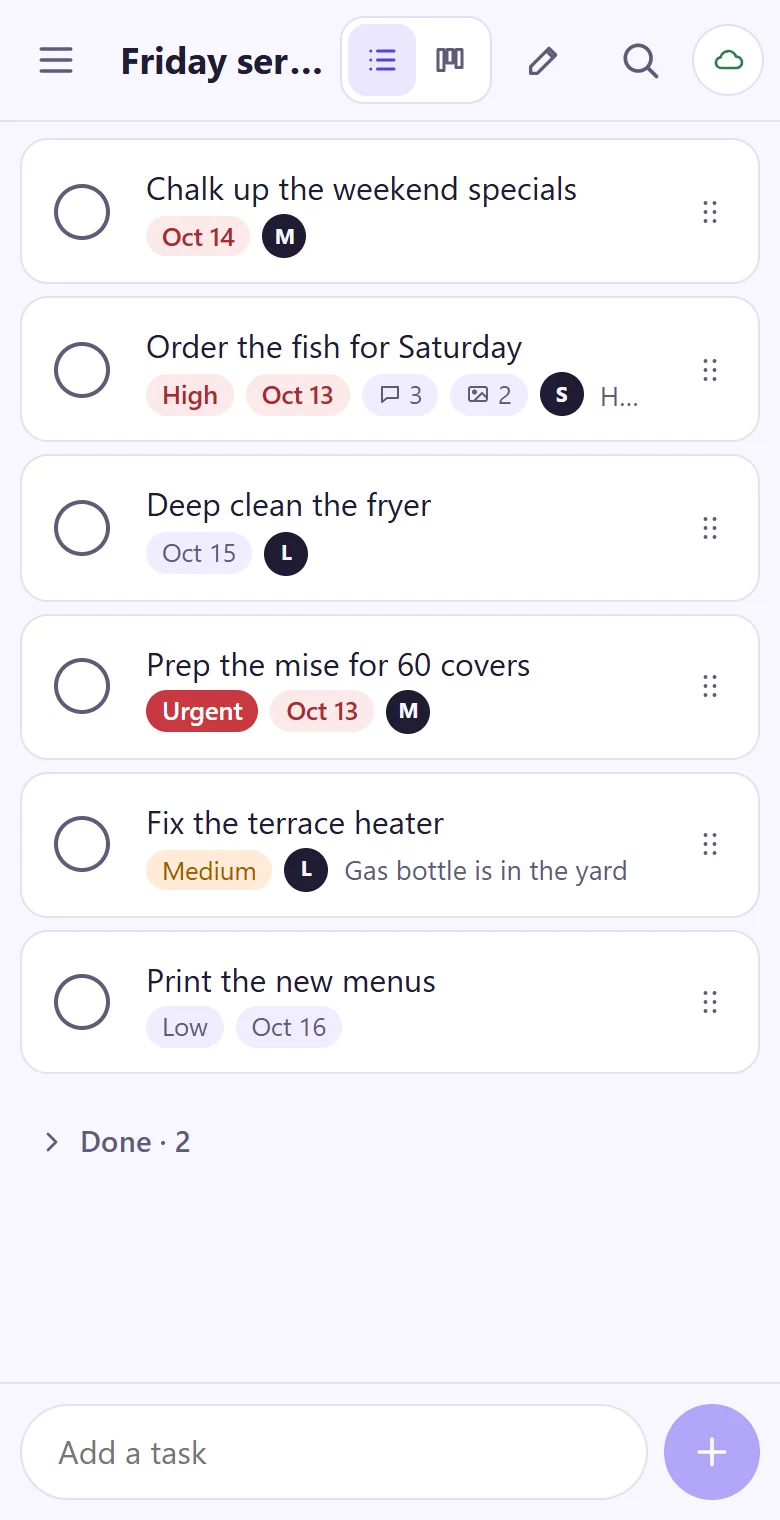 A team list on a phone: each job with its priority, due date and who has it