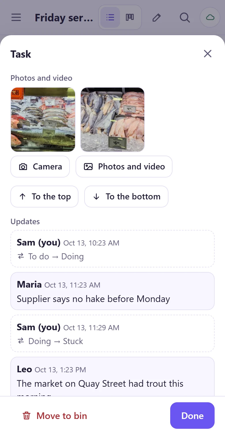 A job on a phone with two photos of a fish counter added to it, and who added each one