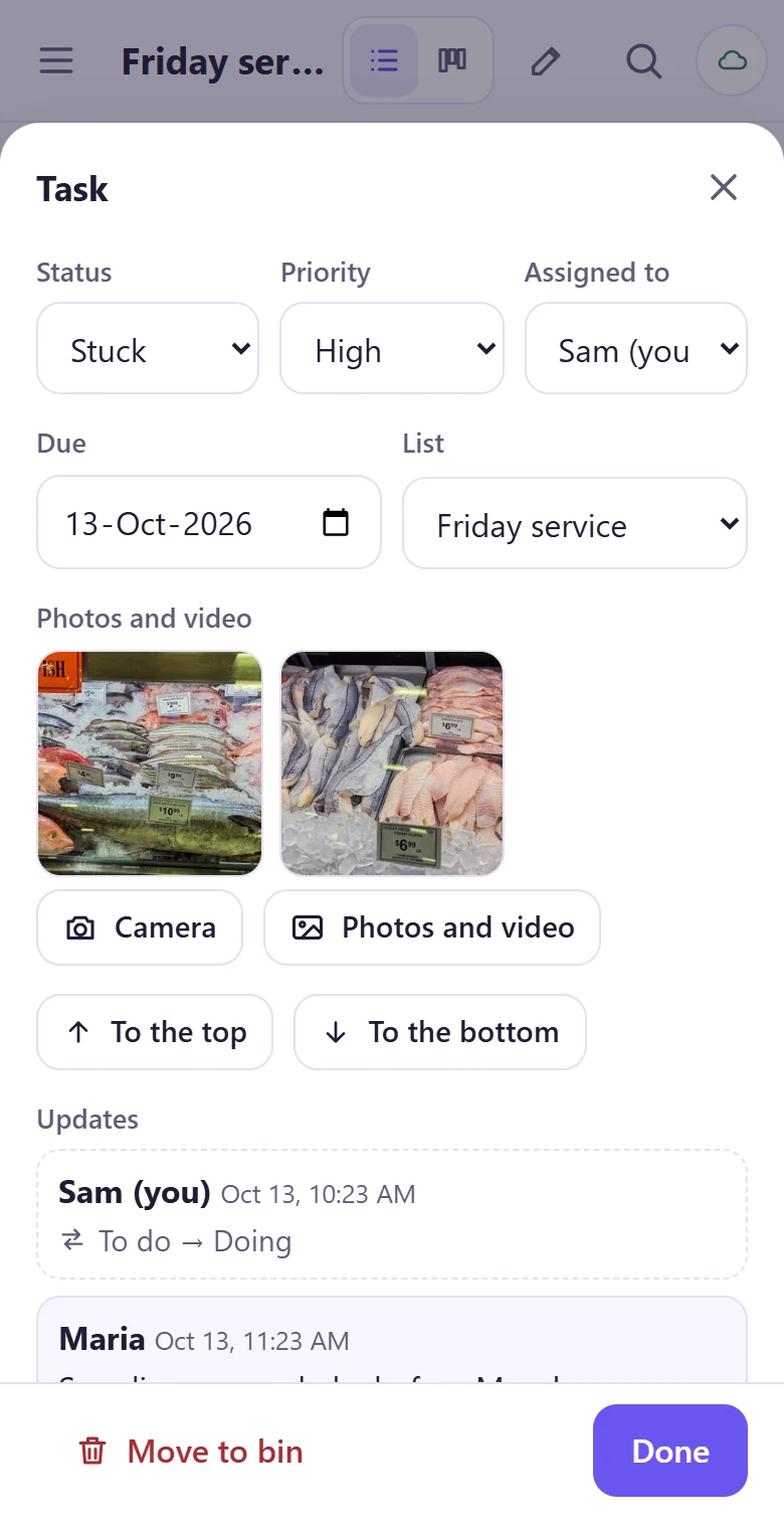 One job on a phone: status Stuck, priority High, assigned to Sam, with the updates about the fish order