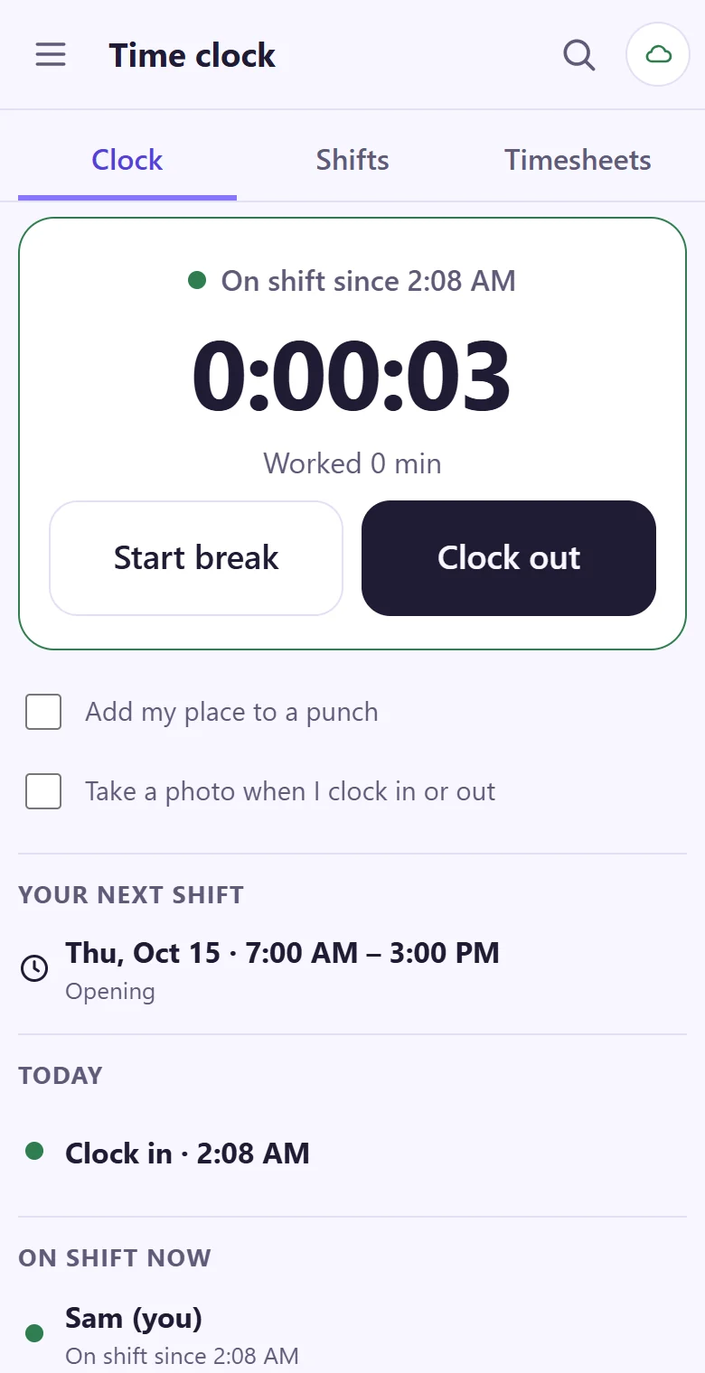 The time clock on a phone: on shift since this afternoon, with buttons for a break and to clock out