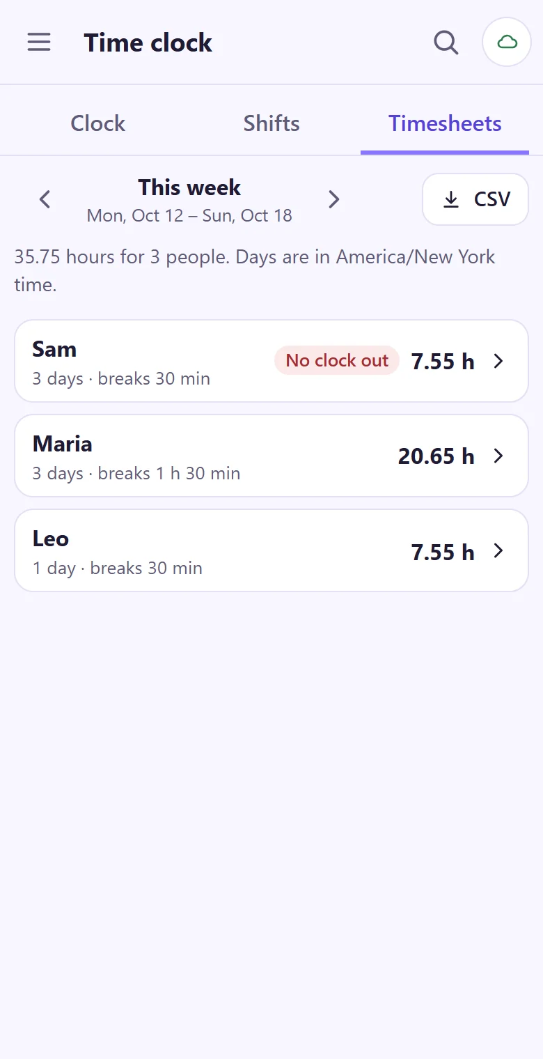 The week's timesheet on a phone: hours for each of three people, with a button for the CSV file