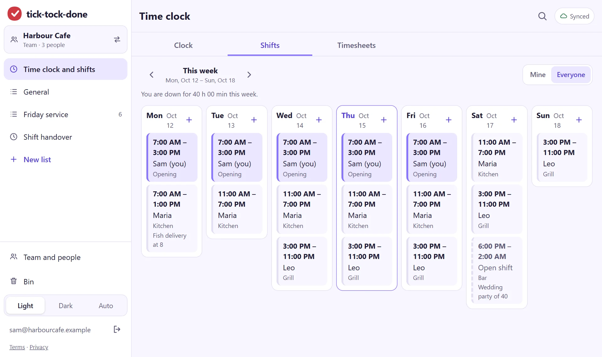 A cafe's shift plan for the week on a laptop: who opens, who is in the kitchen and at the grill, and an open bar shift on Saturday